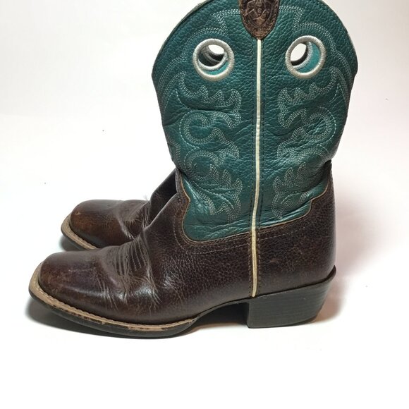 Ariat Crossfire Unisex Youth Size 7 1/2 Teal Blue Brown Cowboy Boots 10005989 - Picture 1 of 10